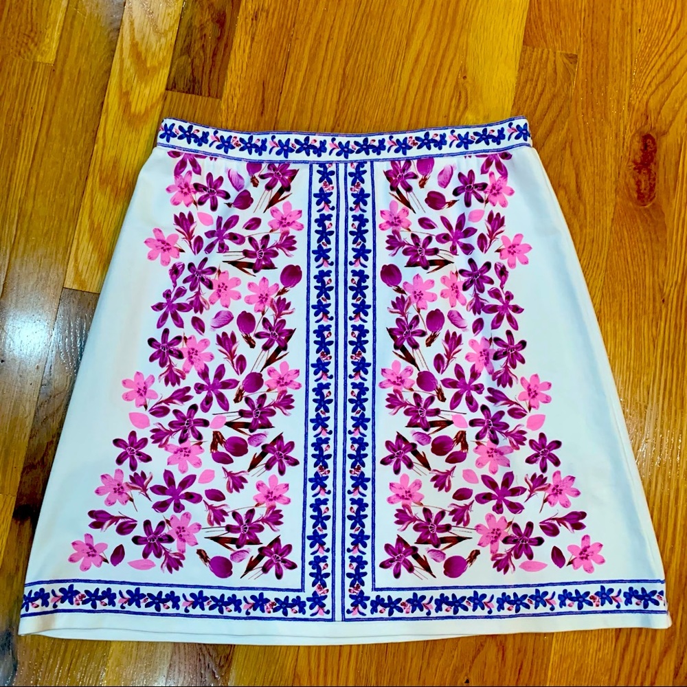 A-line white skirt with blue and purple floral print - size small